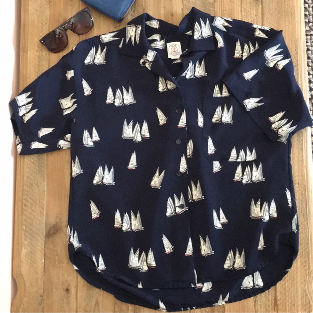 Vintage J.G. Hook Nautical Sailboat Button-Down Blouse Top  Large